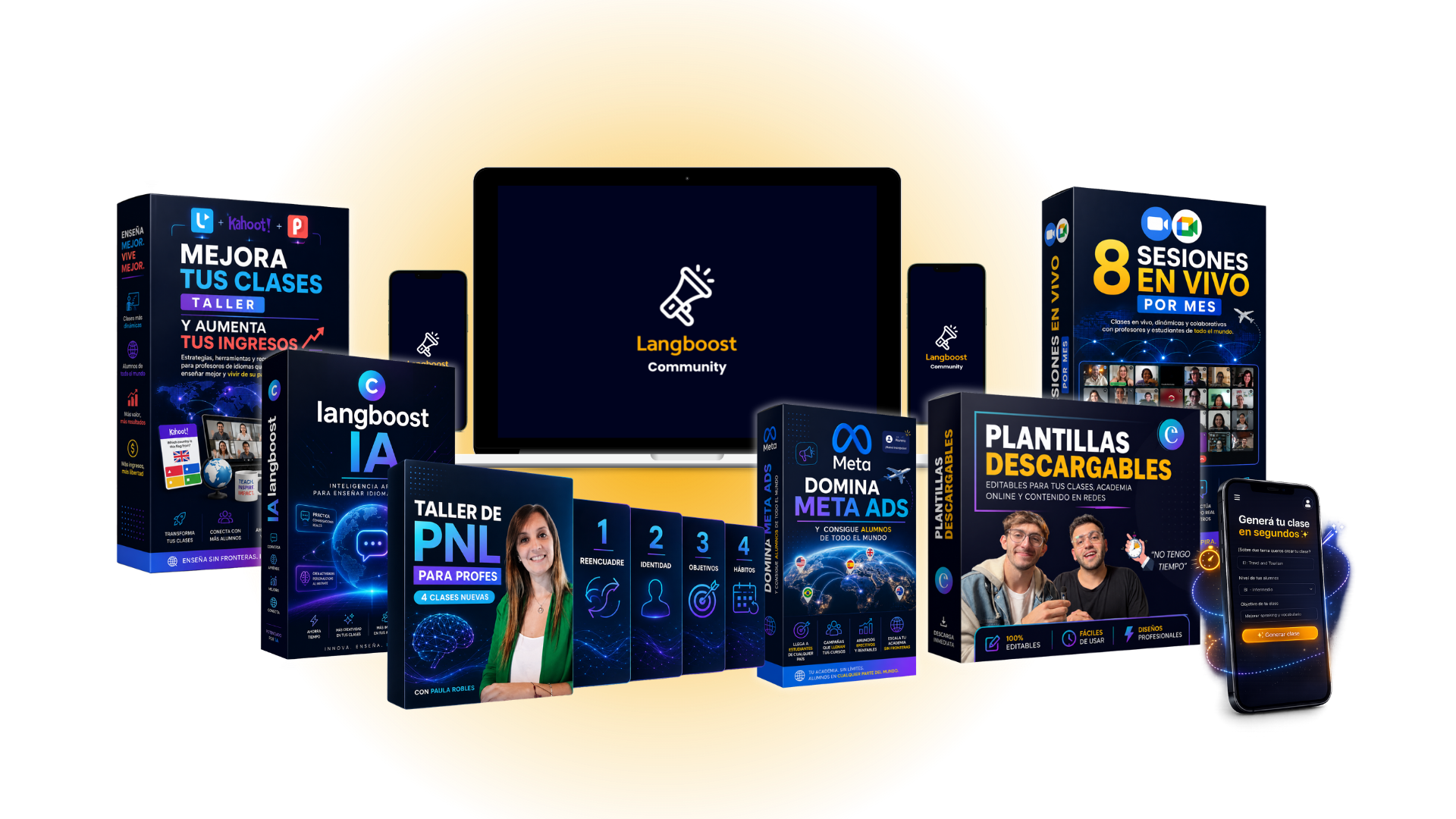 Todo lo que incluye LangBoost: community, 20 sesiones en vivo por mes, LangBoost IA, app, talleres y plantillas